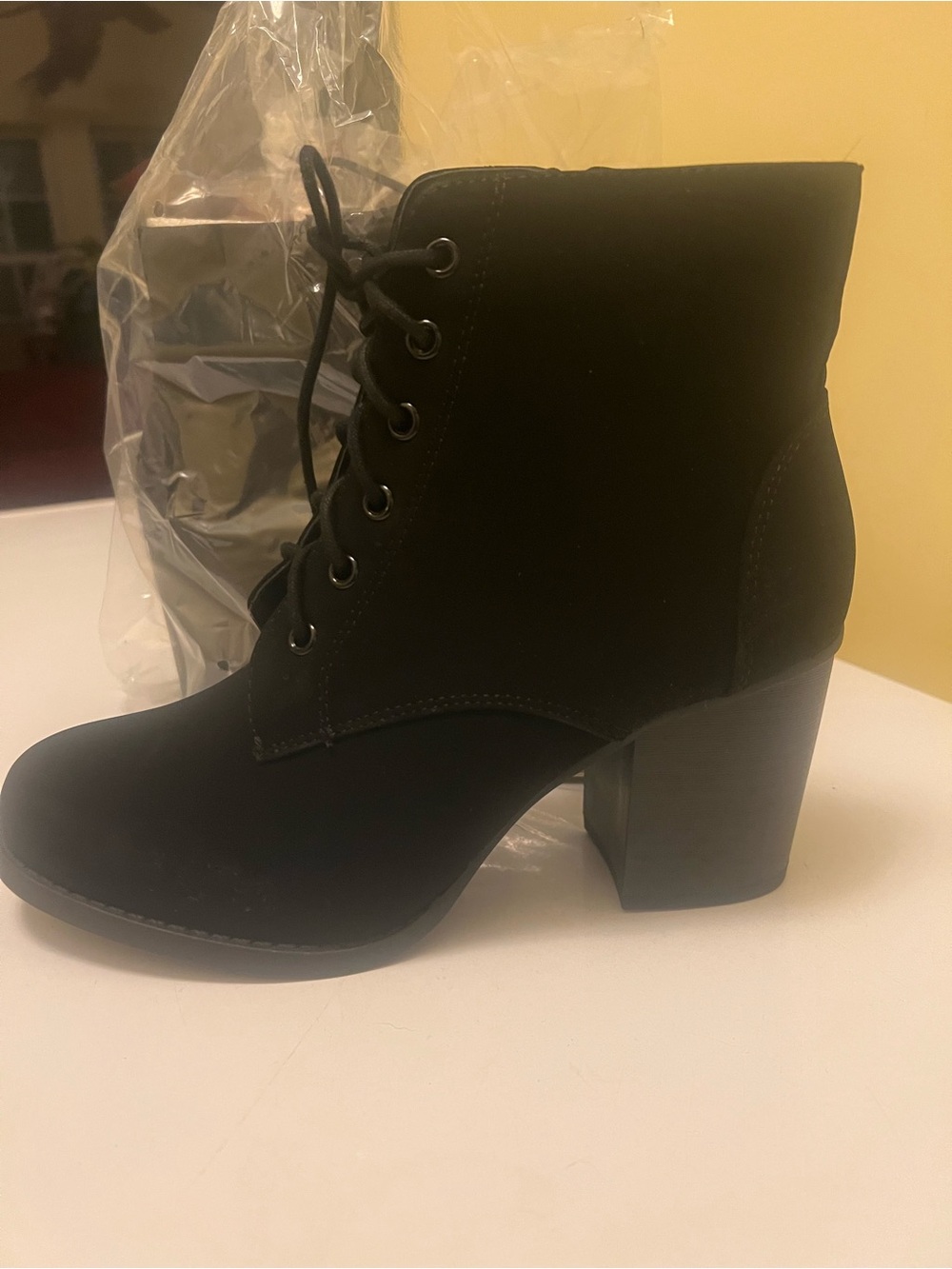Soda Black Lace-Up Block Heel Ankle Booties